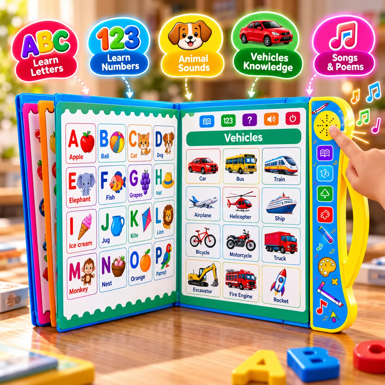 Kiddoo book open to alphabet and vehicle pages with touch and listen sound panel