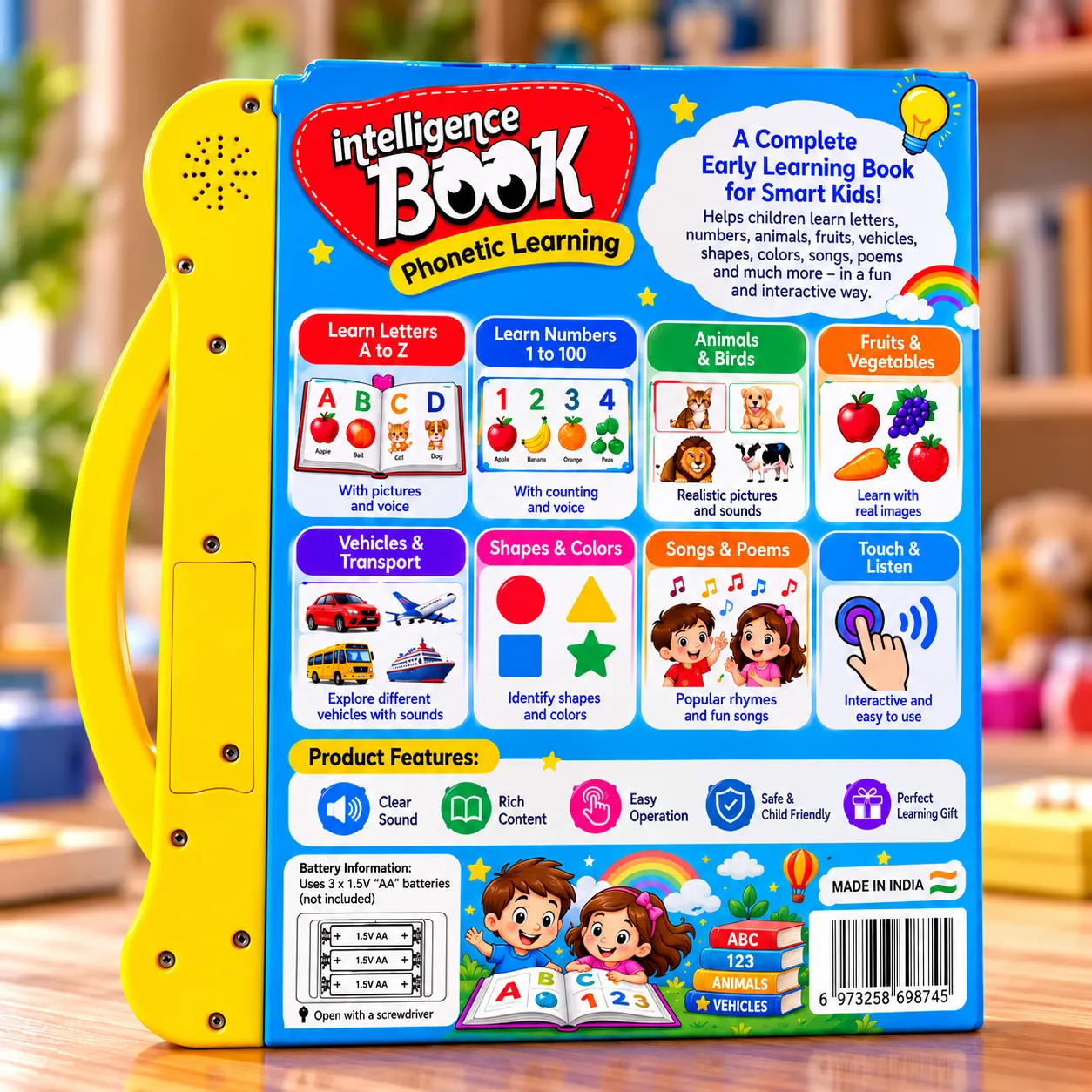Back of the Kiddoo book showing specifications, battery compartment and topic summary