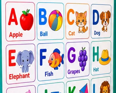 Alphabet page of the Kiddoo book showing A for Apple, B for Ball, C for Cat and D for Dog