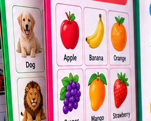 Fruit and animal pages of the Kiddoo book with apple, banana, orange, dog and lion pictures