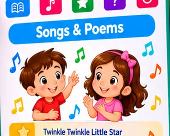 Songs and Poems page of the Kiddoo book with illustrated children and a list of rhymes