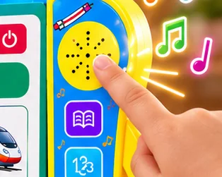 A child's finger pressing the yellow speaker on the Kiddoo book's blue button panel