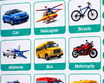 Vehicles page of the Kiddoo book showing a car, helicopter, bicycle, airplane, bus and motorcycle