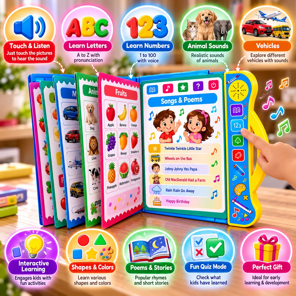 Kiddoo book showing fruits, animals and songs page with bright illustrations