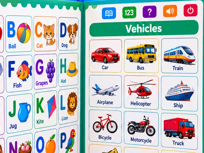 Alphabet and vehicles learning pages of the Kiddoo book