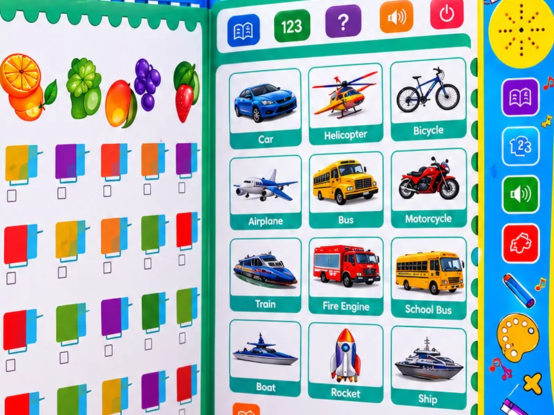 Kiddoo book opened flat to its green-bordered learning pages