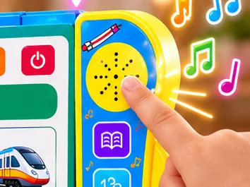 A child pressing the yellow speaker button on the Kiddoo book