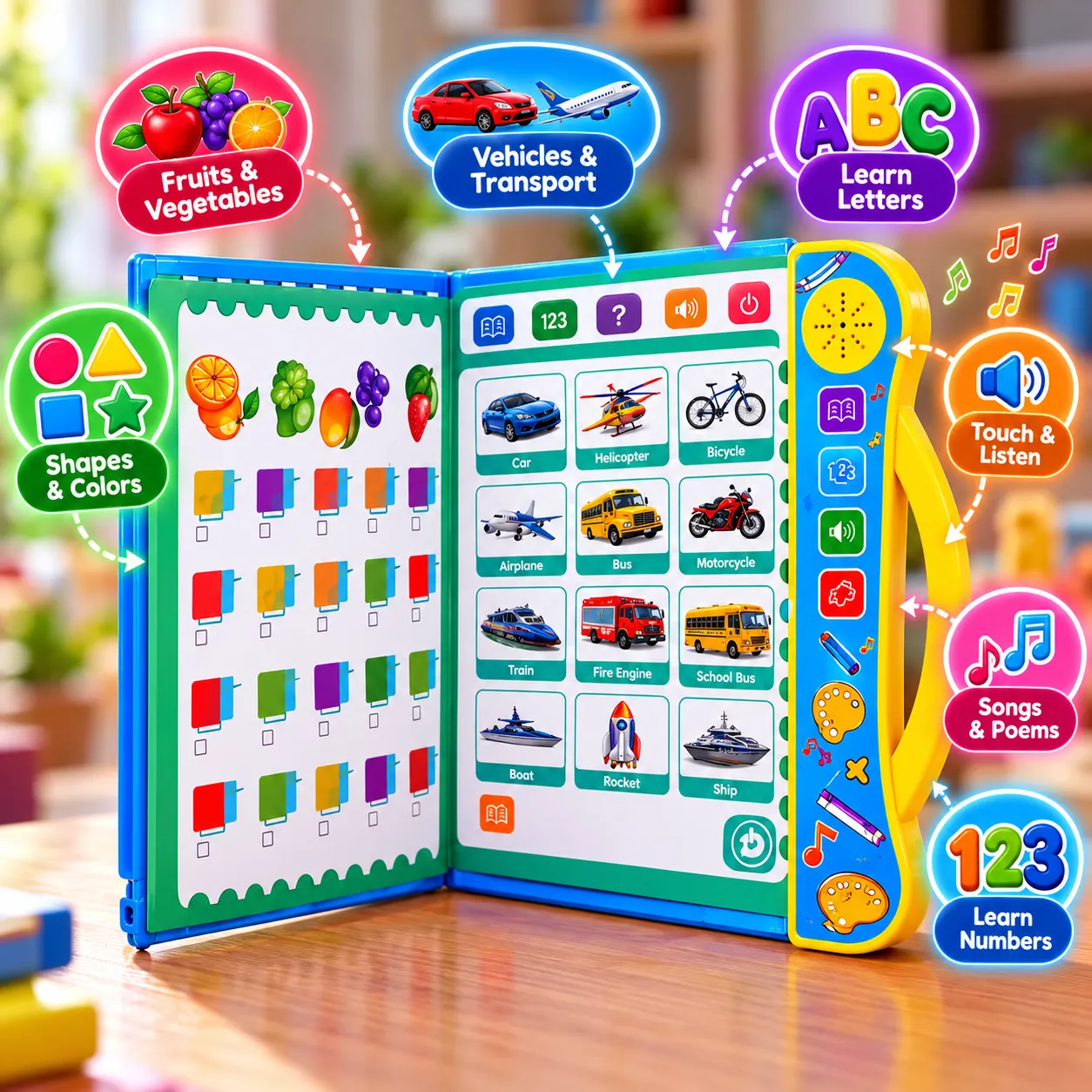 Kiddoo book fully open showing learning pages, side buttons and speaker