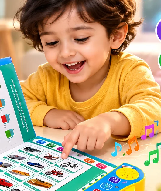 A smiling child in a yellow top touching the pages of a Kiddoo learning book